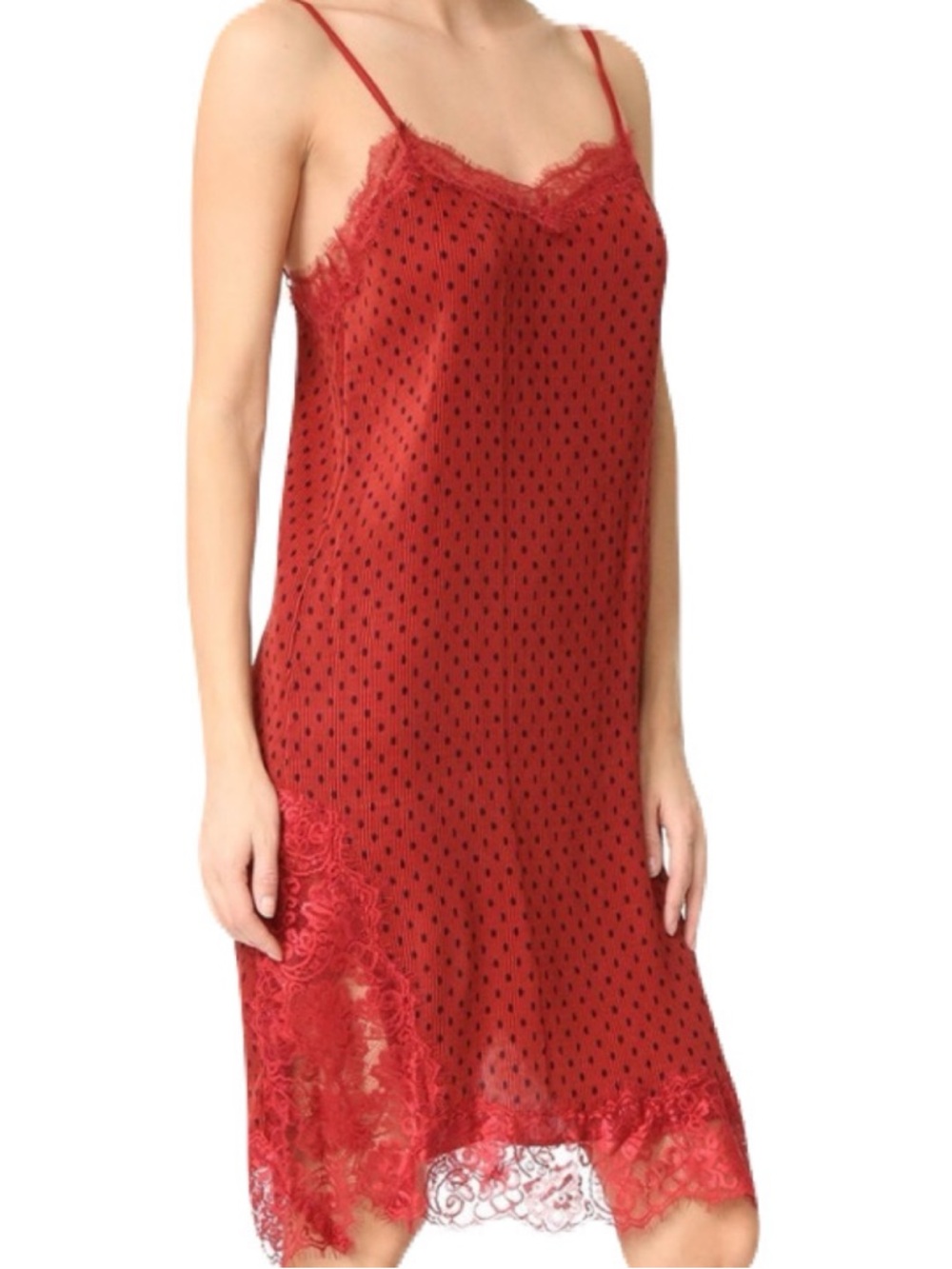 Free People Rust Red & Deep Navy Polka Dot Pleated Lace-Trim Margot Slip Dress